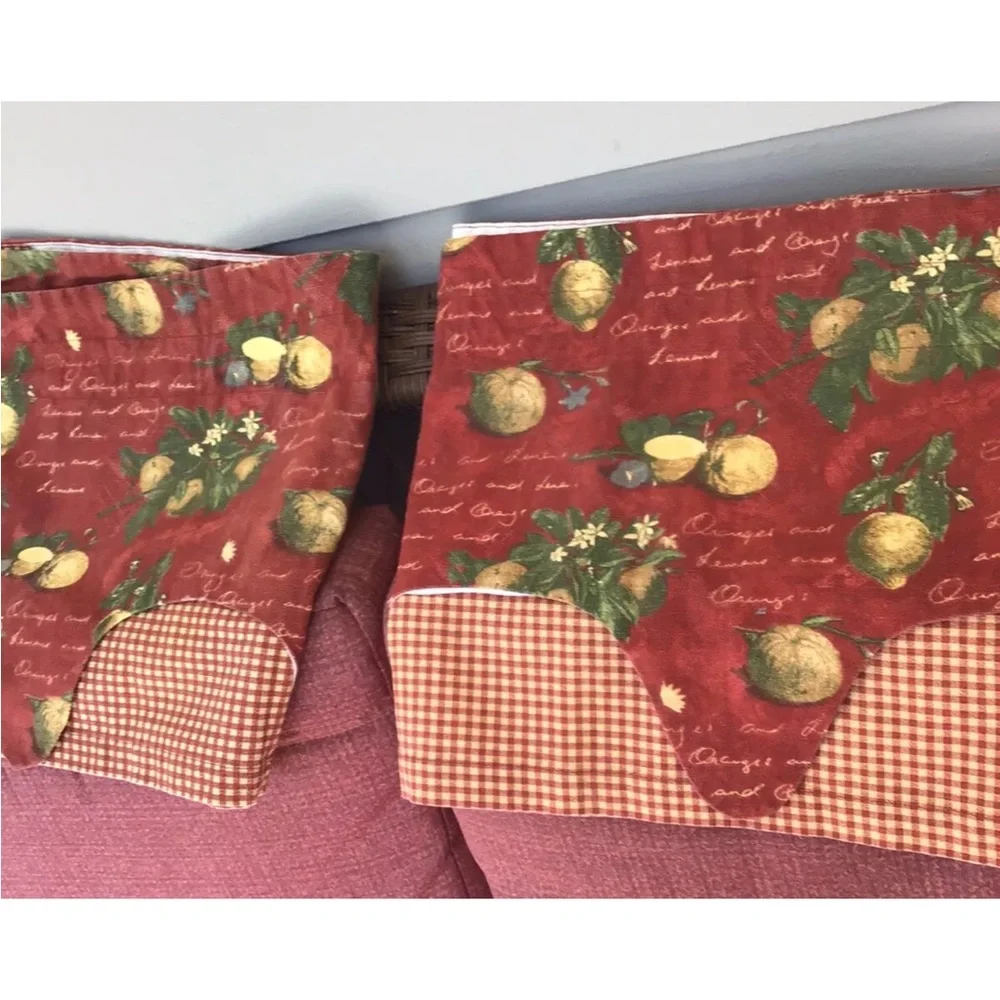Waverly~Lemons/Orange Kitchen 2 Pc Valance Curtains 54 X 14, Red Checks/Fruit